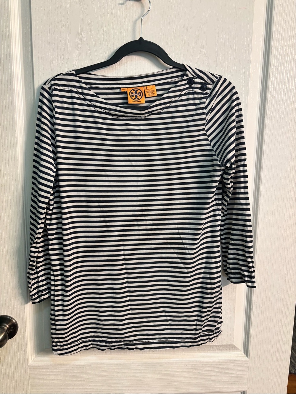 Tory Burch Navy and White Striped elbow length Sleeve Tee